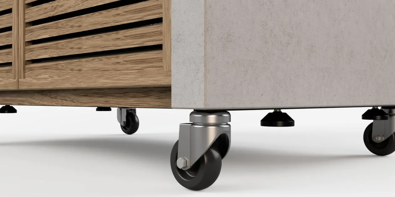 Close-up of a MOK unit's swivel-and-lock castor and levelling foot